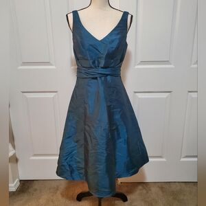 DAVIDS BRIDAL Teal Taffeta Fit and Flare Sleeveless Dress